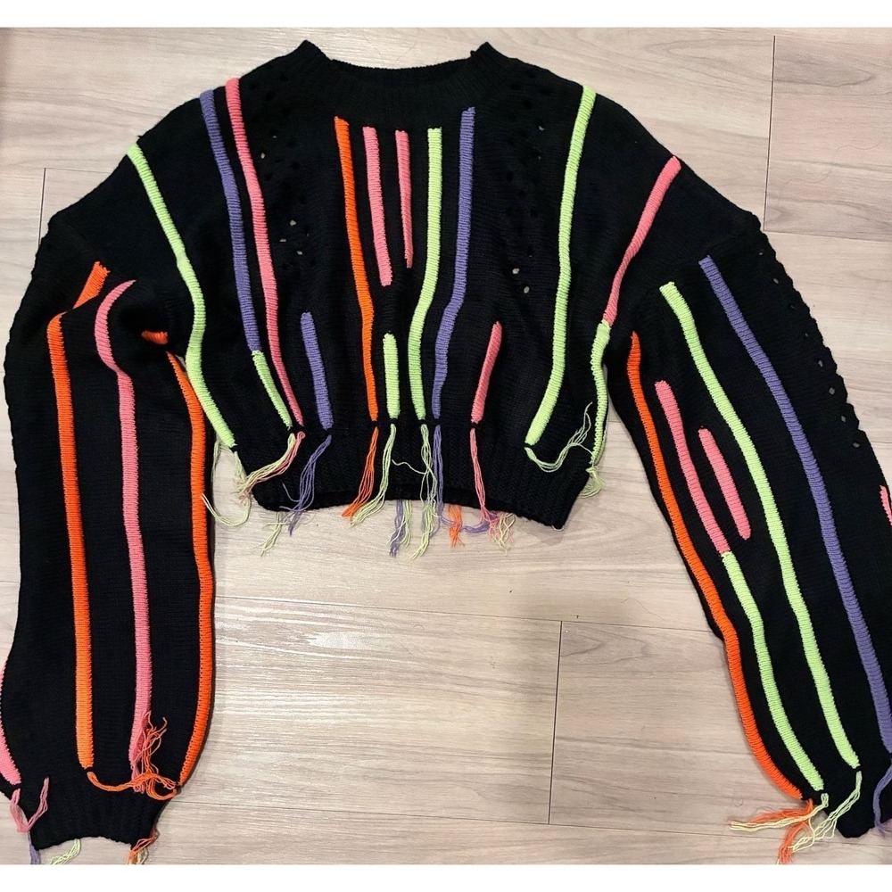 Women's Stripe Fringe Crop Knit Sweater Size S Black Multi